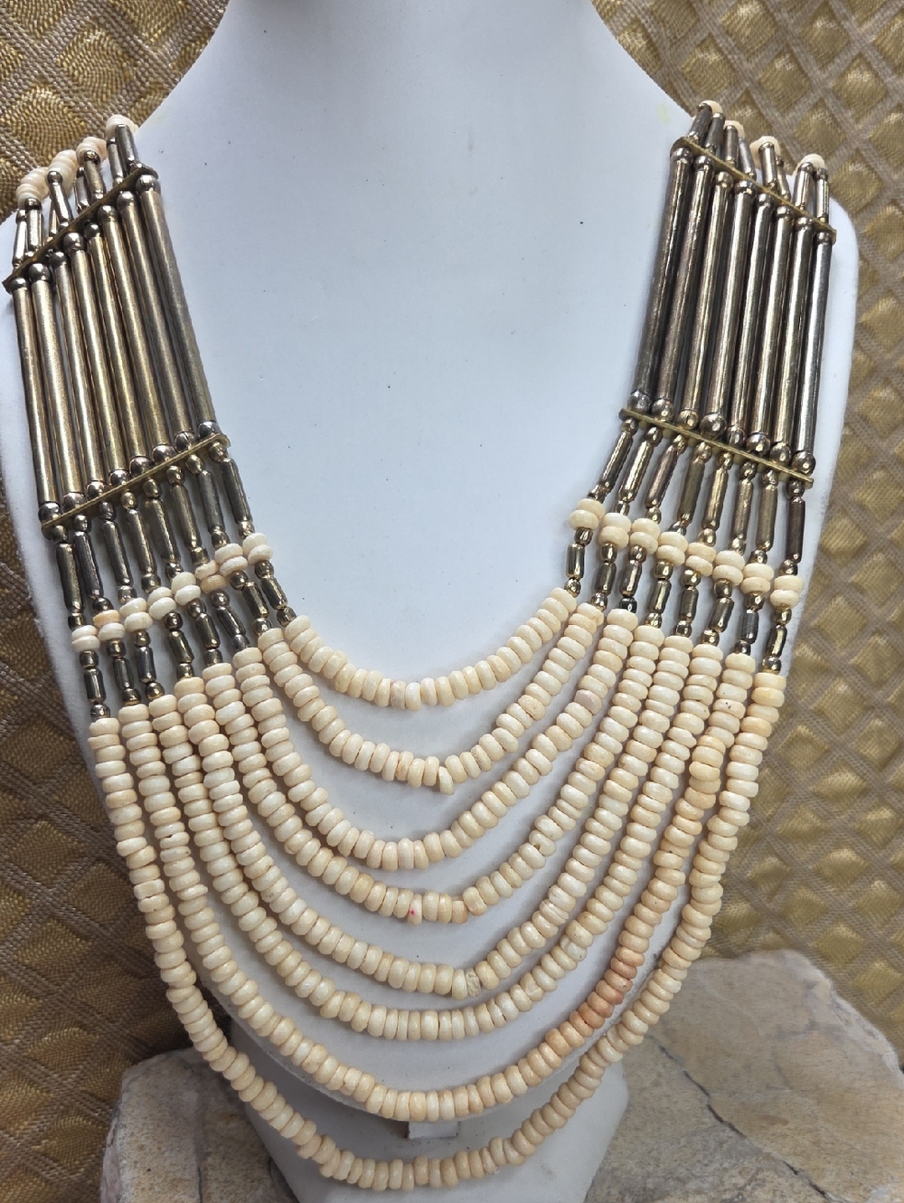 Multistrand Carved Bone And Brass Beaded Statement Tribal Necklace